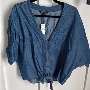 Express Women's Blue Denim Top tie front and button